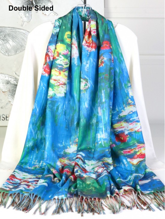 Water Lilies & Irises Double-sided Oil Painting Design Fashion Scarf